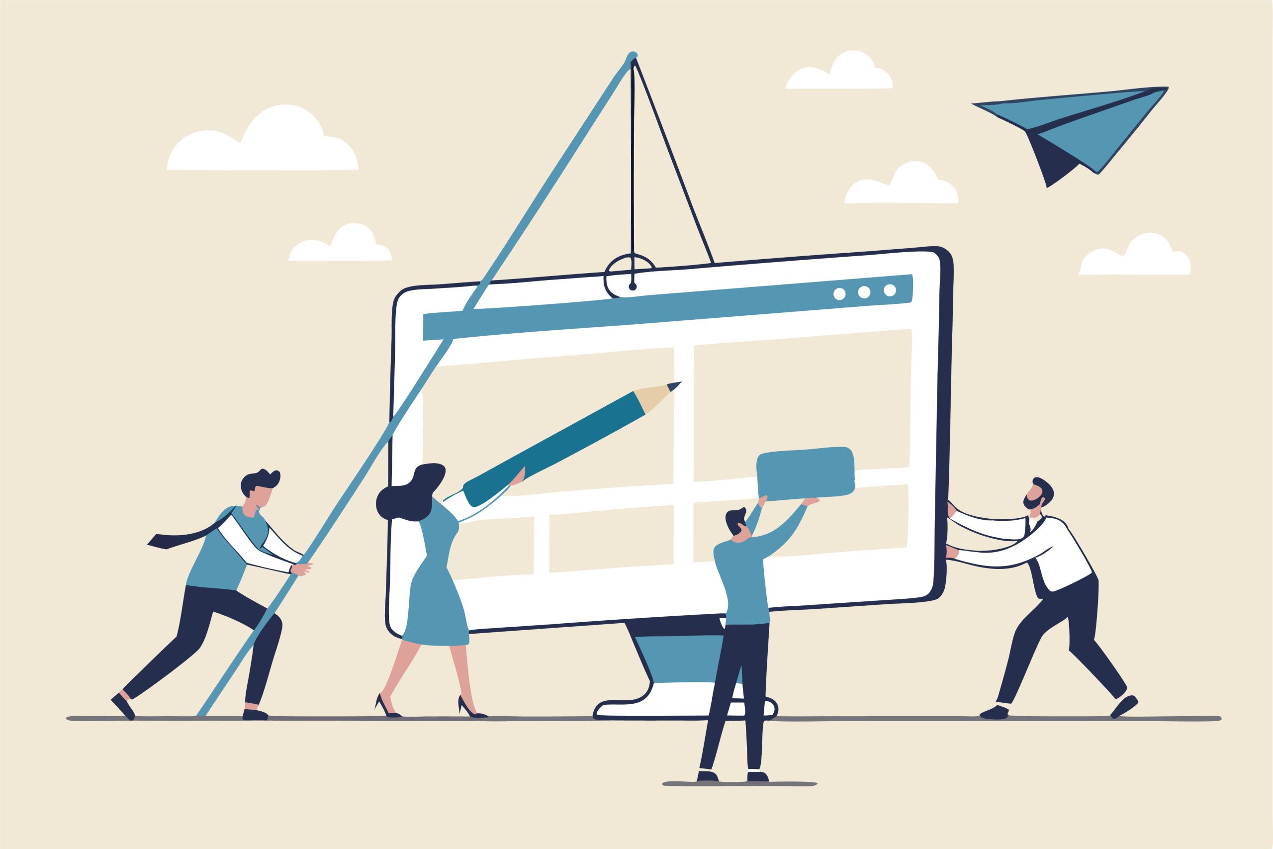 Illustration of a team of working professionals building a large-scaled website homepage